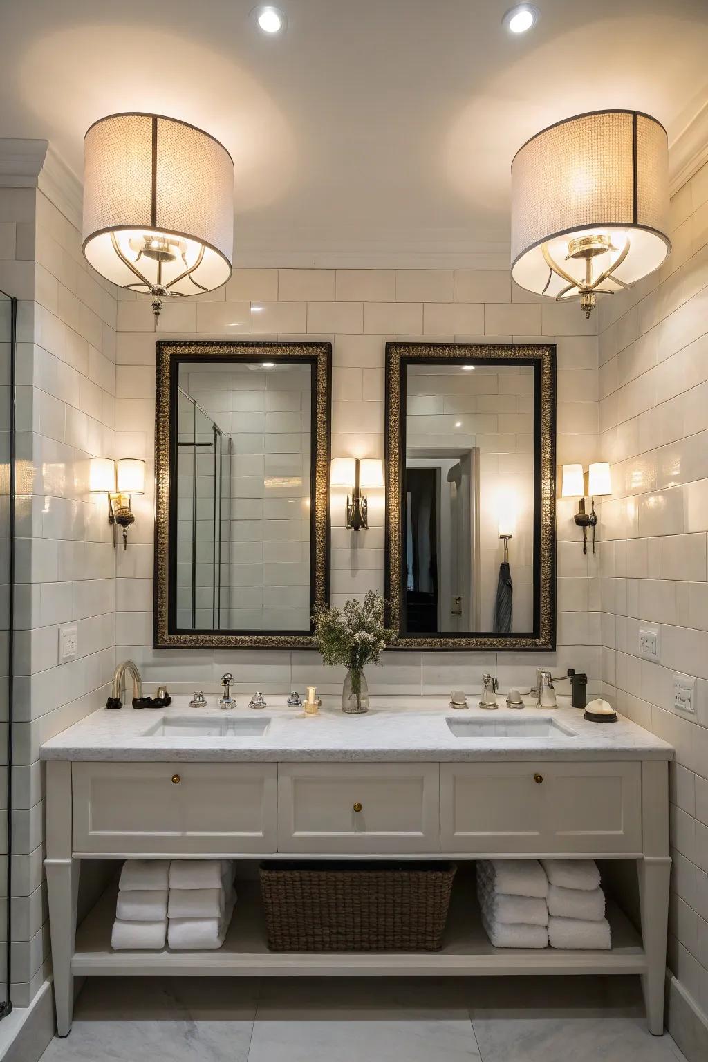 Oversized wall lights fashion an audacious statement in any given lavatory.