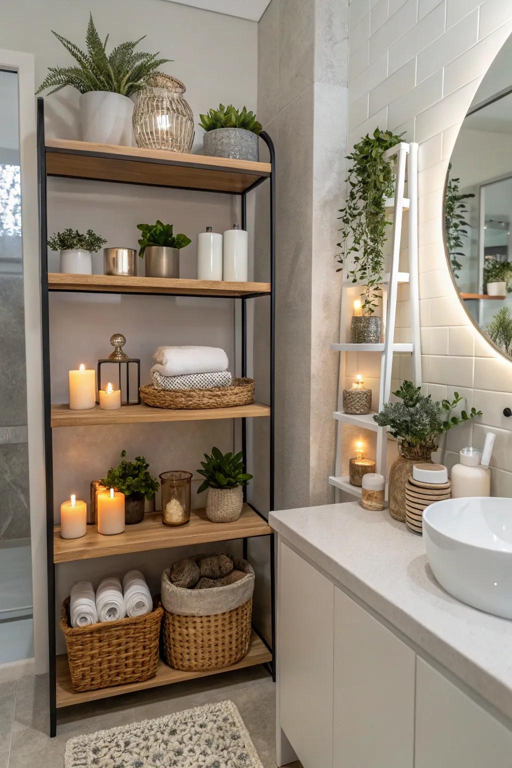 Shelving at various heights injects visual appeal and maximizes storage.