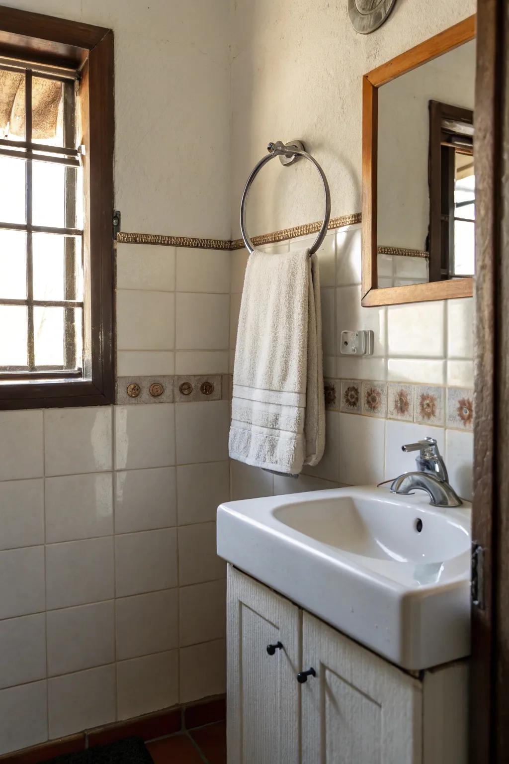 Use a small towel ring to make the most of the space for your hand towels.