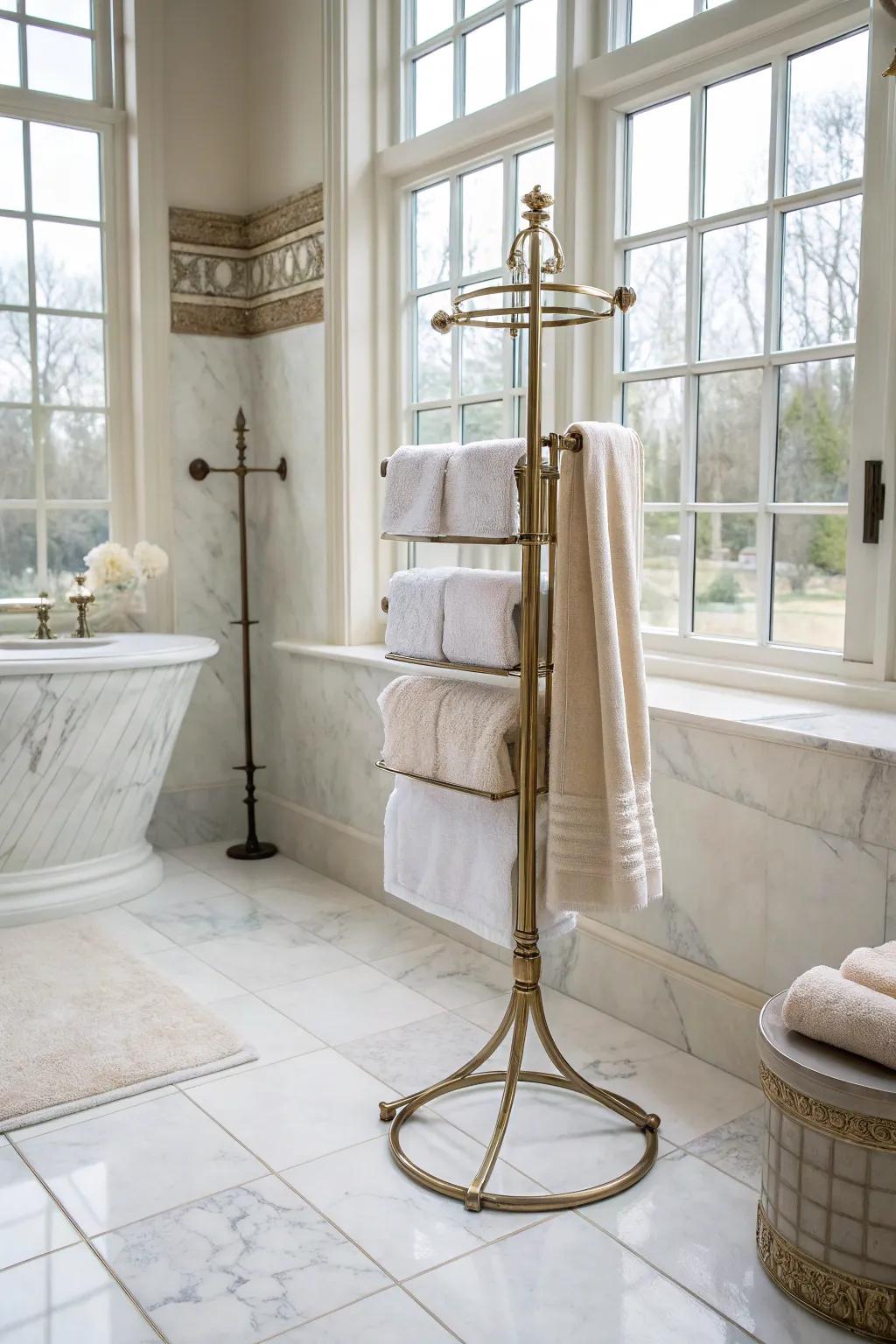 Freestanding stands extend flexibility in towel accommodations.