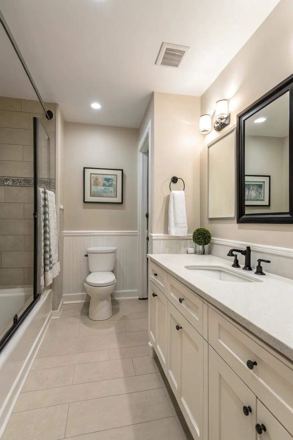 Sleek, minimalist trim enhances a clean, modern bathroom.