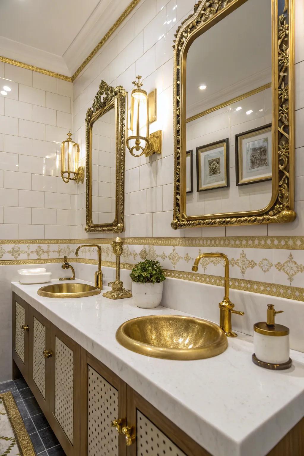 Gilded and metal touches bring beauty to washroom walls.