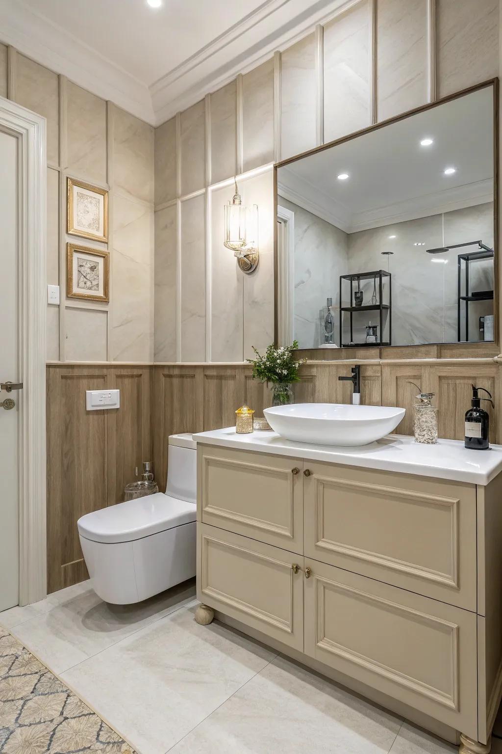 Well-balanced design using half wall paneling.