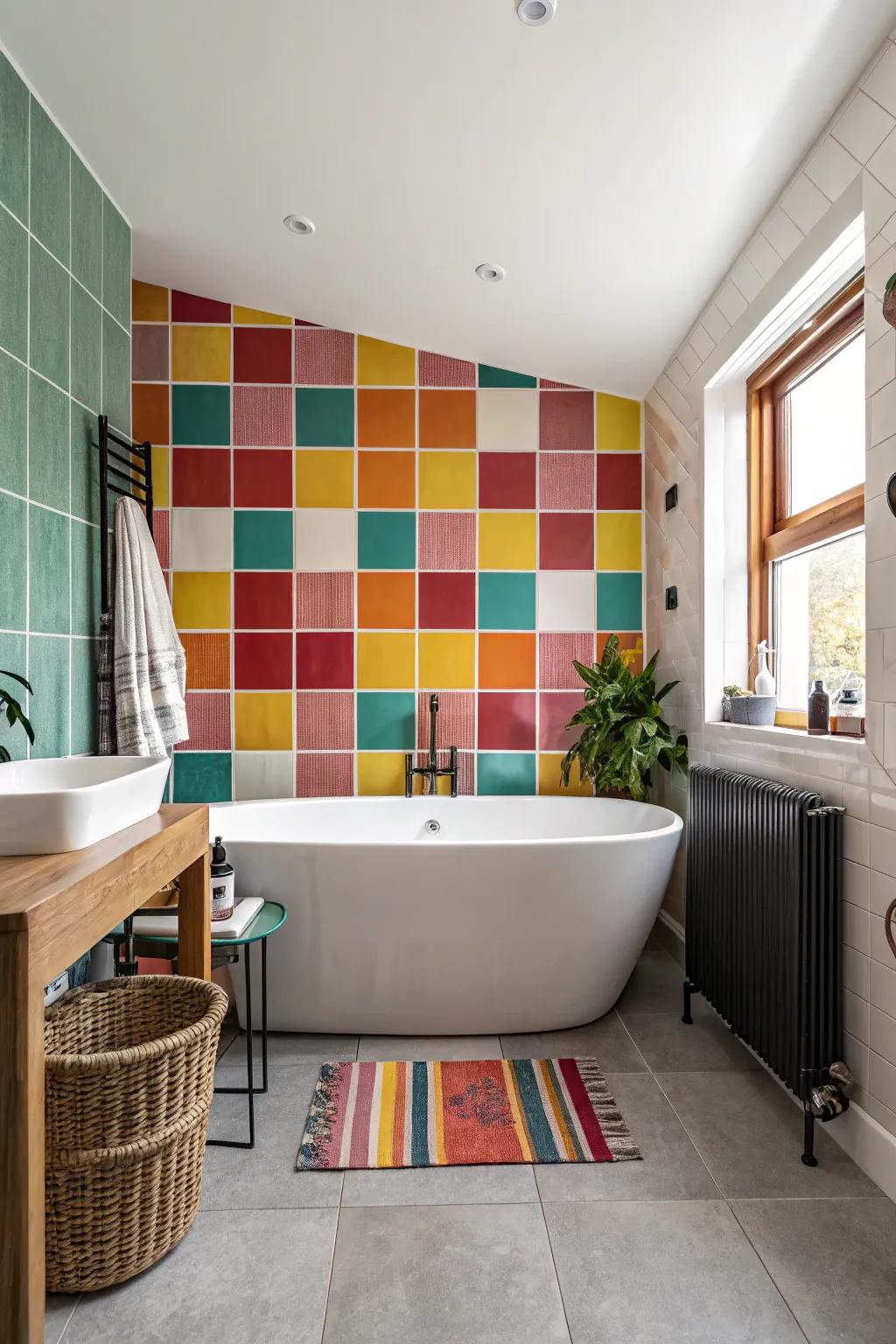 A showcase tile wall transforms into the centerpiece of this bathroom.
