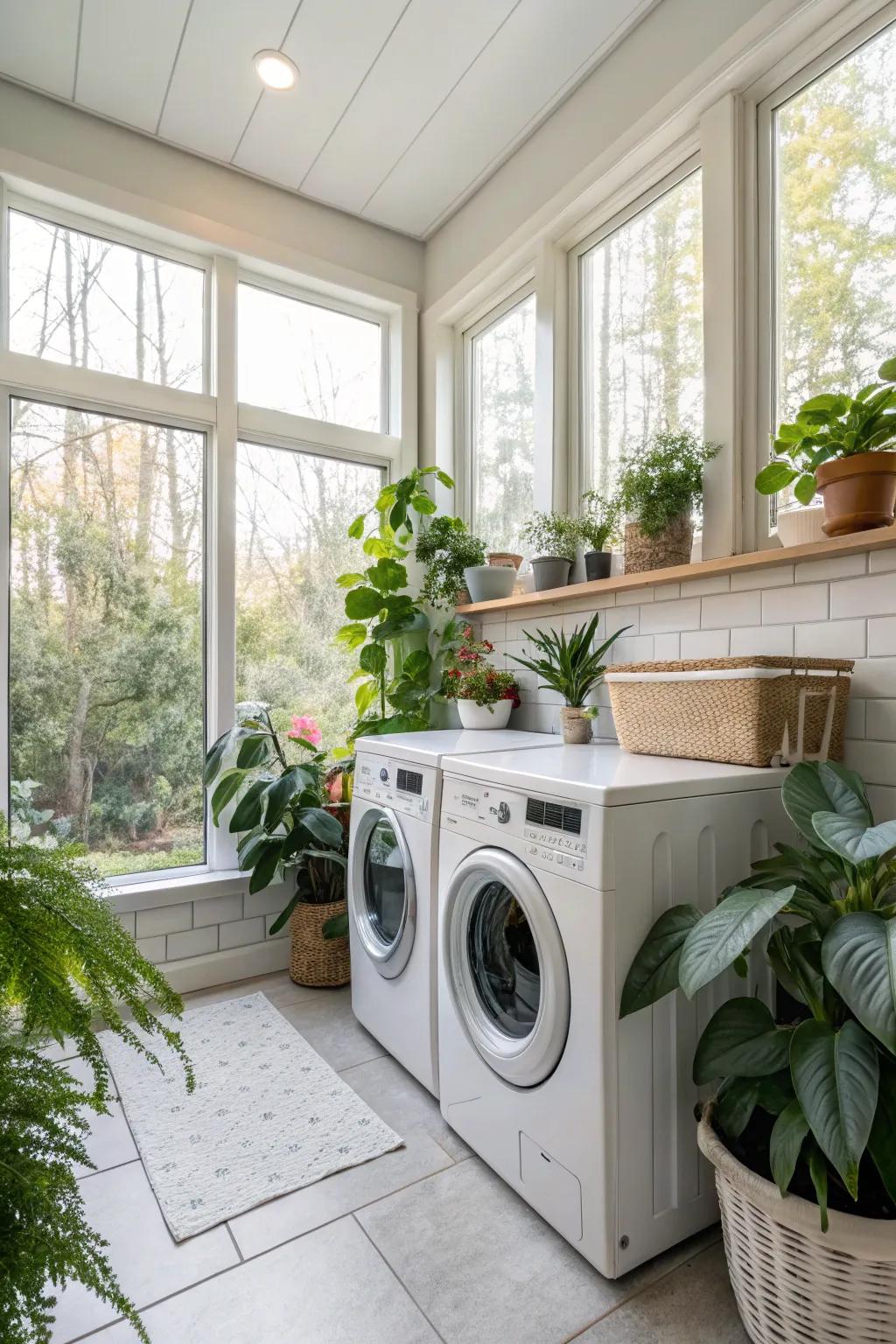 Greenery contributing a natural element and serenity to the laundry space.