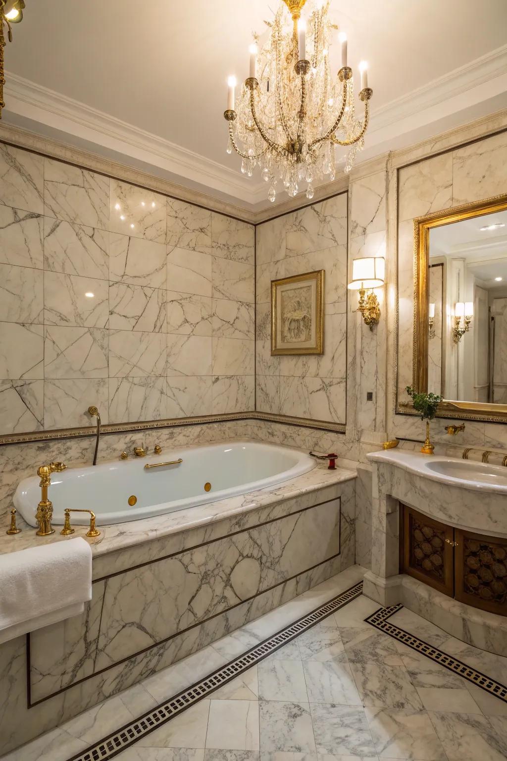 Marble features add a touch of luxury to your bathtub area.
