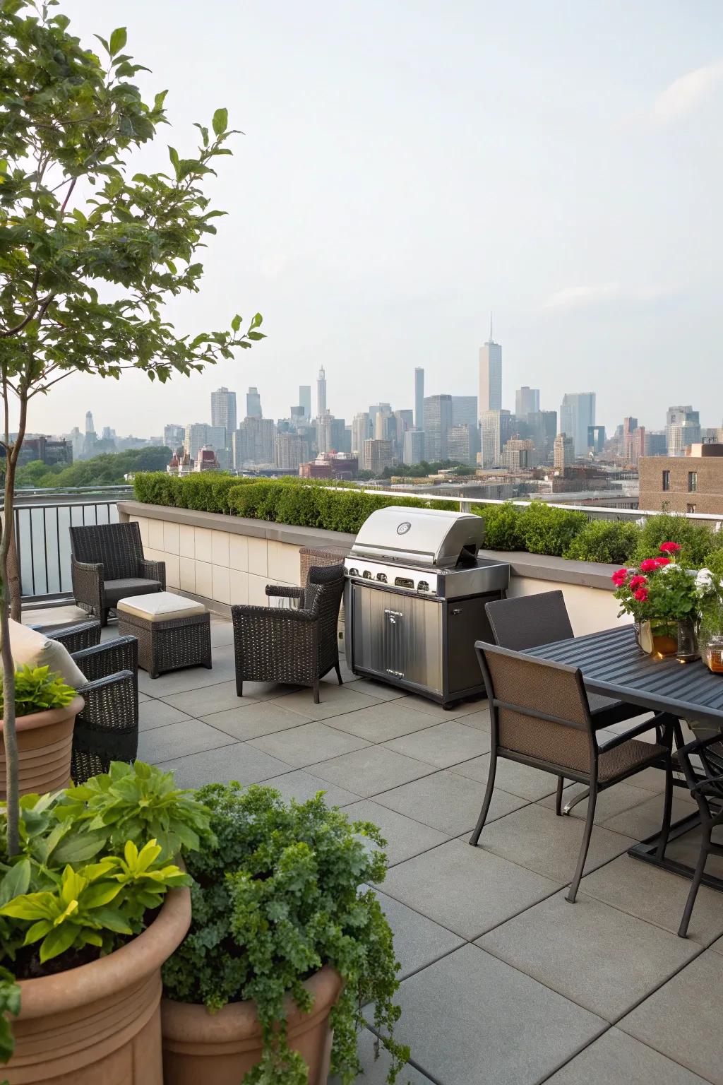 A rooftop BBQ area provides stunning views and a unique experience.