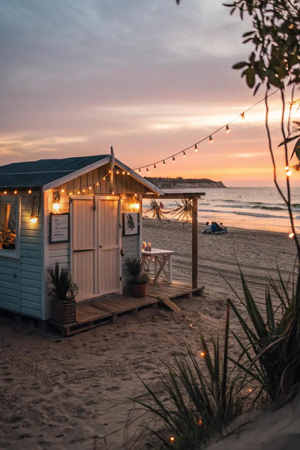 Beach-themed lighting fosters a welcoming ambiance surrounding the shed.
