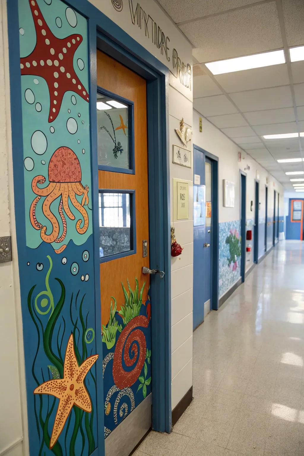 An aquatic creature expedition on a classroom entrance showcasing various ocean inhabitants.