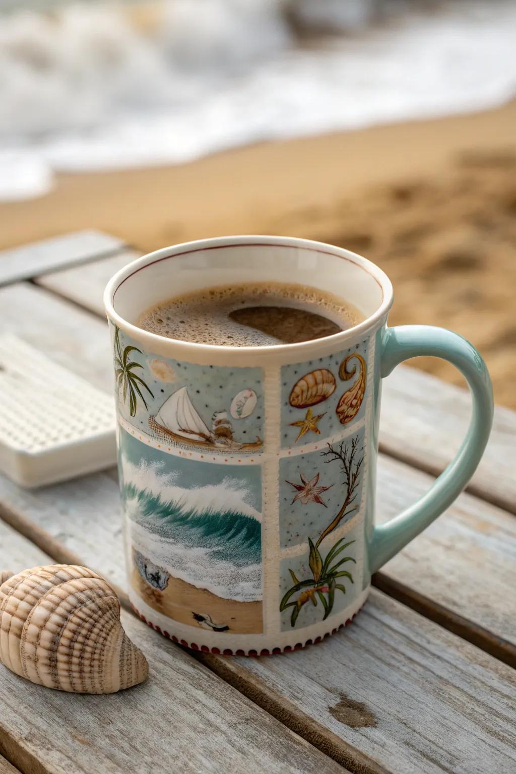 Start your day with a beachy vibe using a seaside-themed drinking cup.
