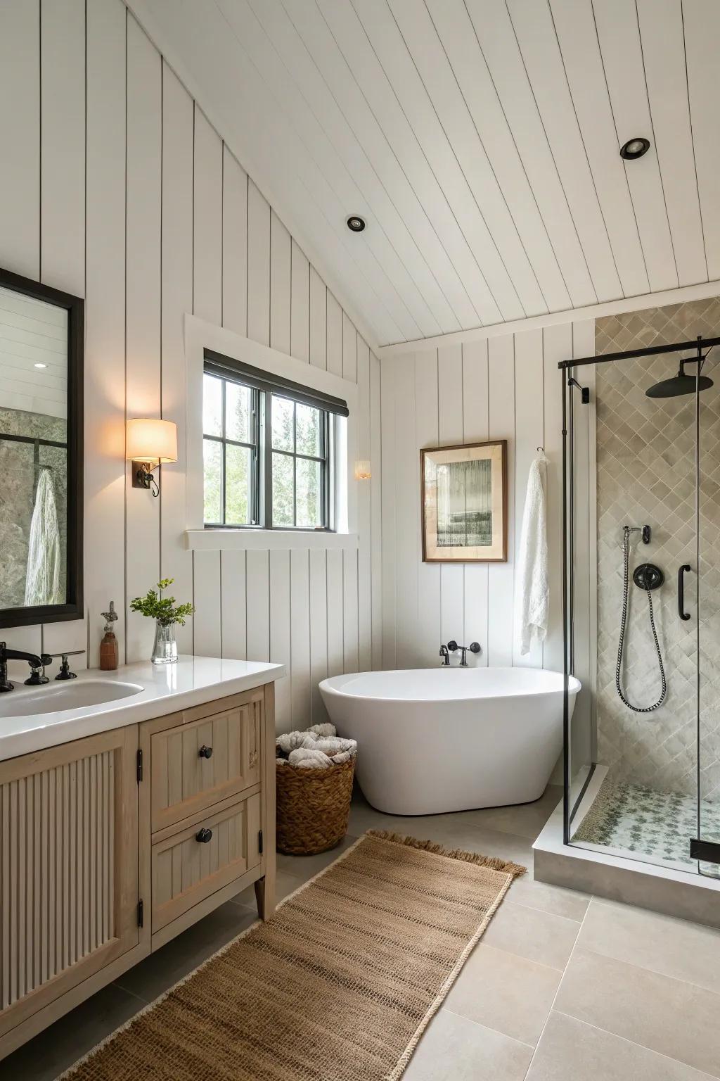 Expansive plank paneling proposes a contemporary, tidy aesthetic.