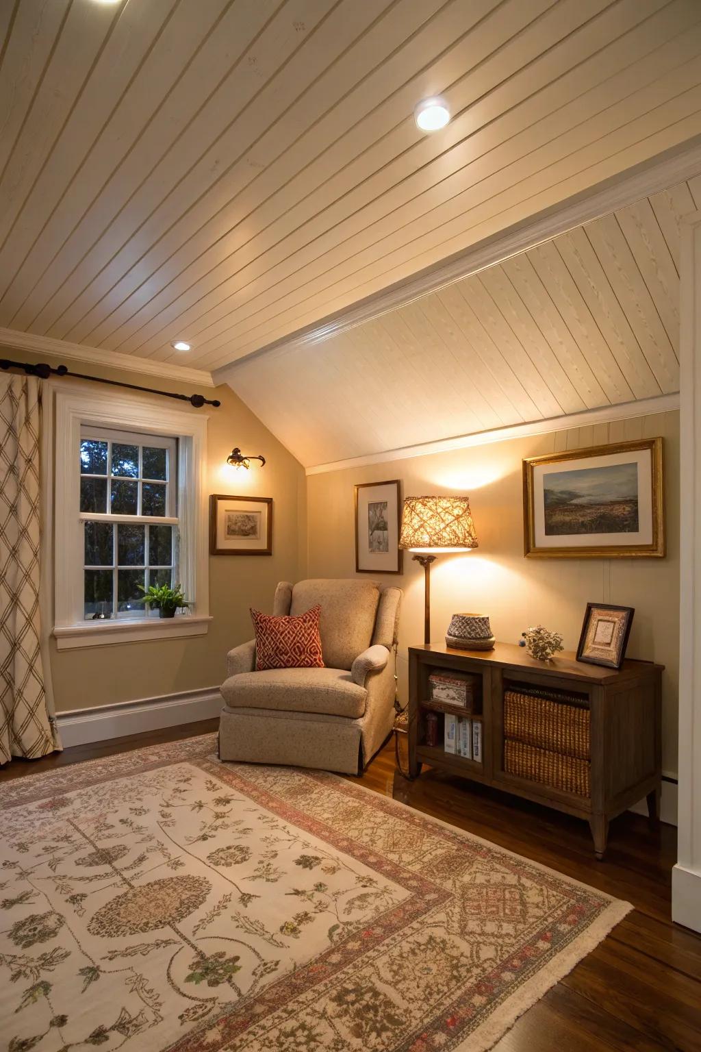 Wall panel ceilings add unexpected charm.