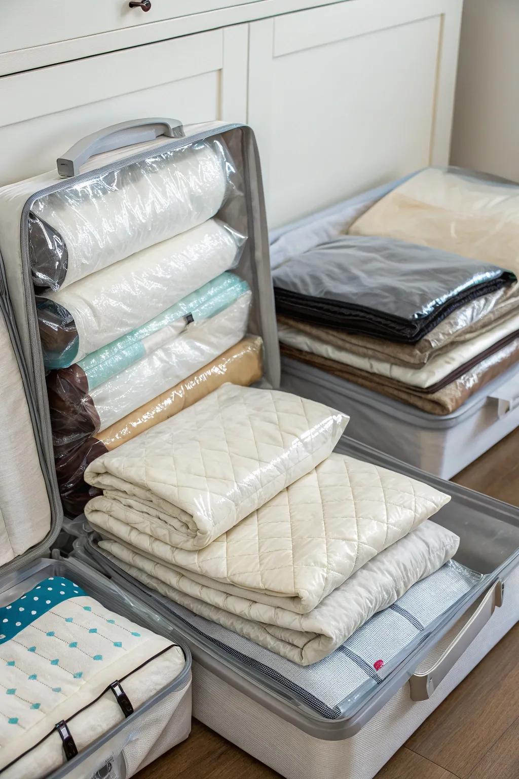 Airtight bags save space and protect your sheets.