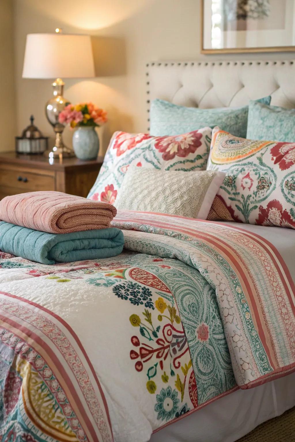 Layered bedding introduces depth, color, and comfort to this serene space.