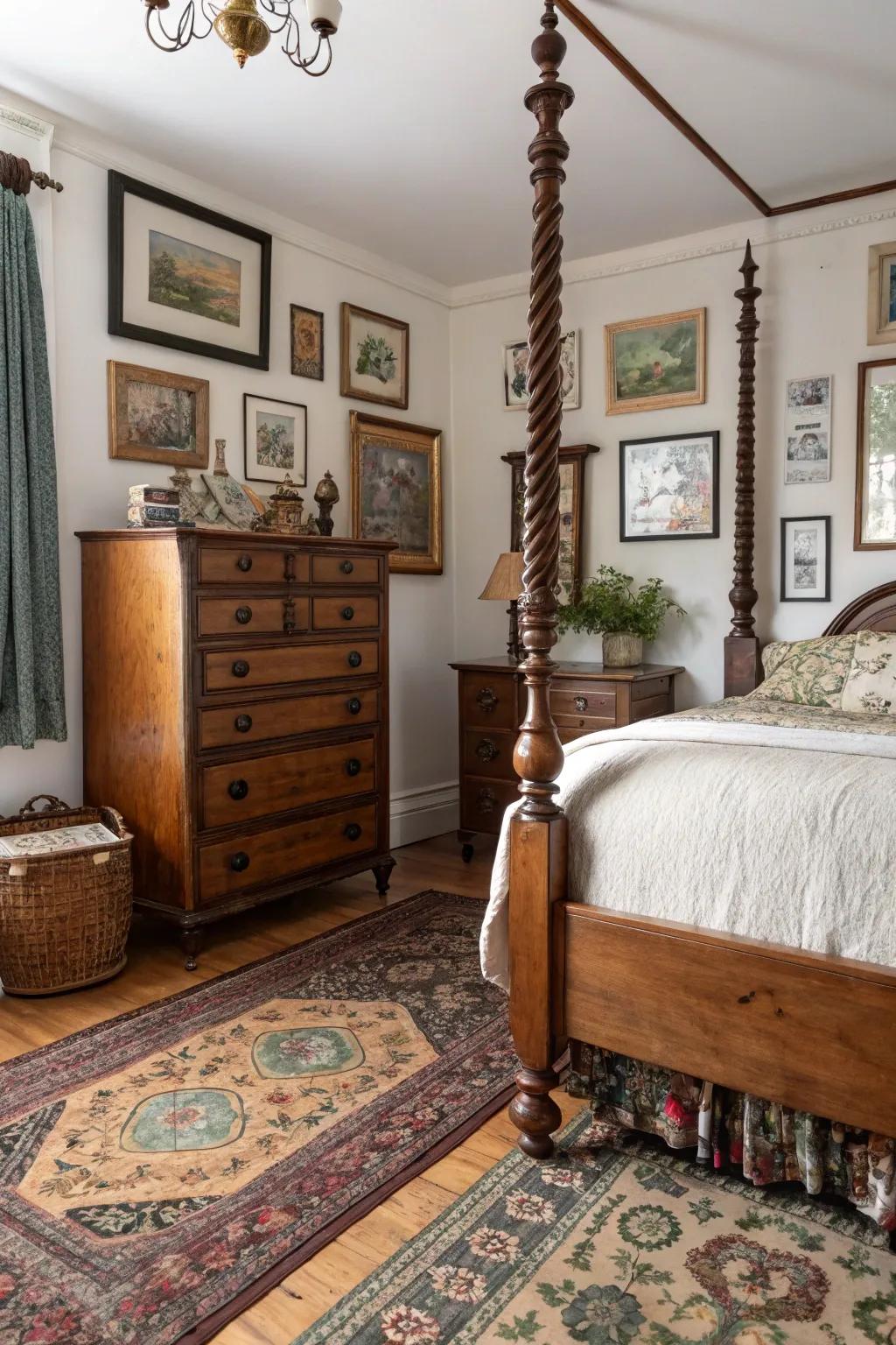Vintage finds impart character and uniqueness to this bedroom.