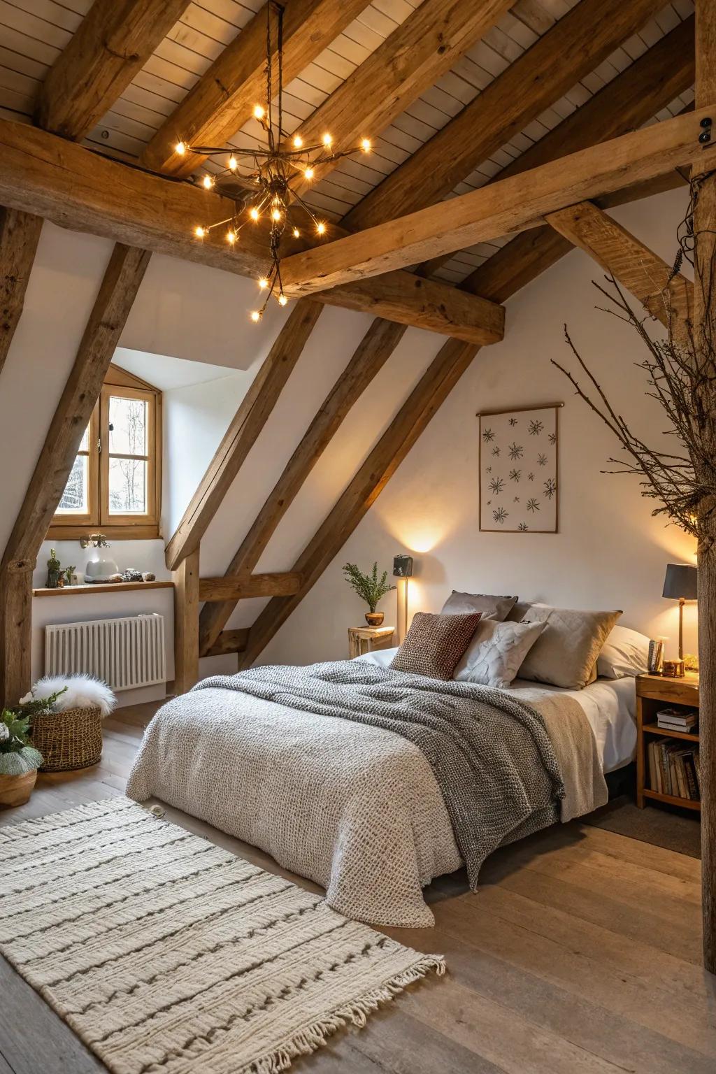 Wooden beams add a rustic, inviting component to your loft.