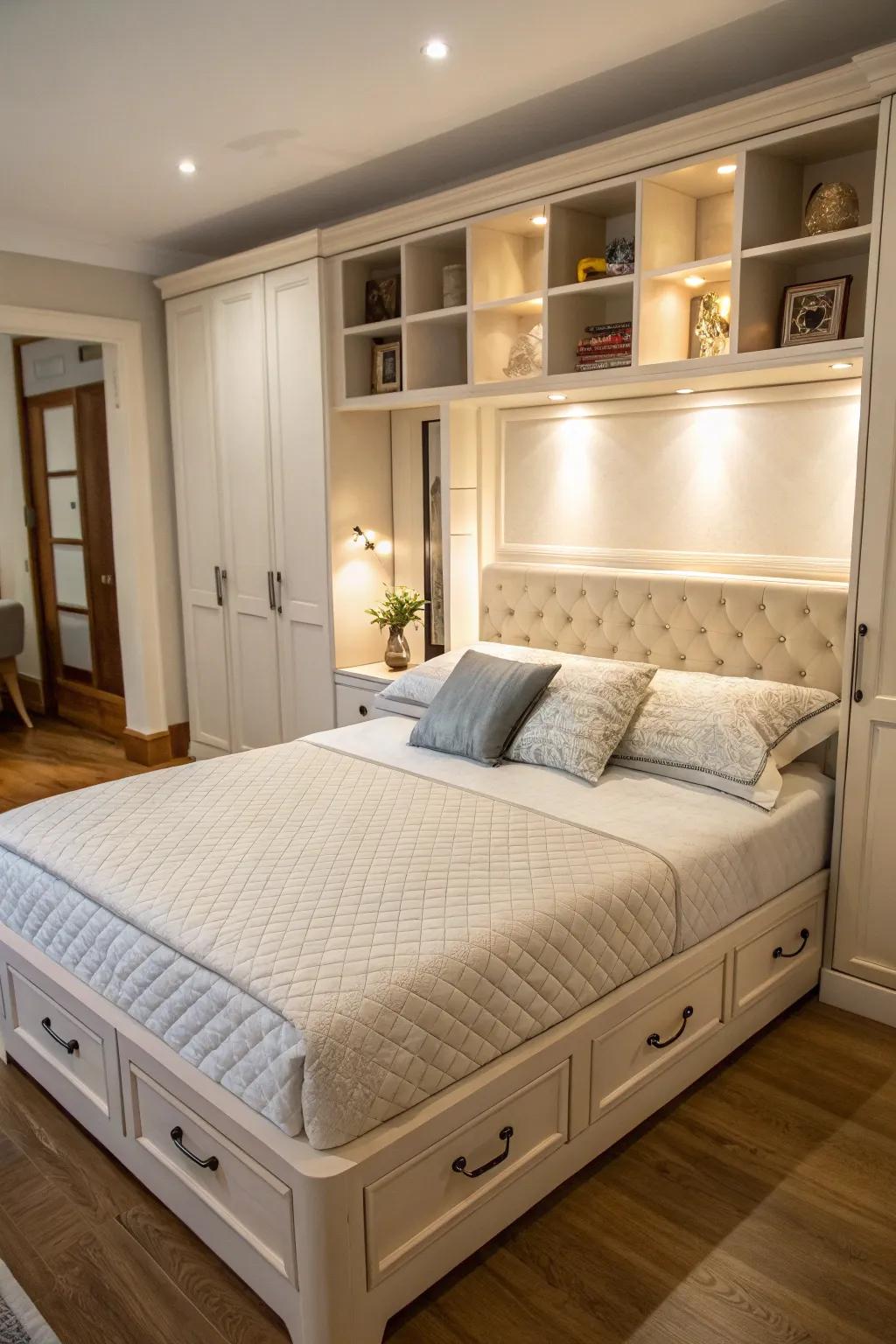 Make the most of space with a headboard that offers extra storage.