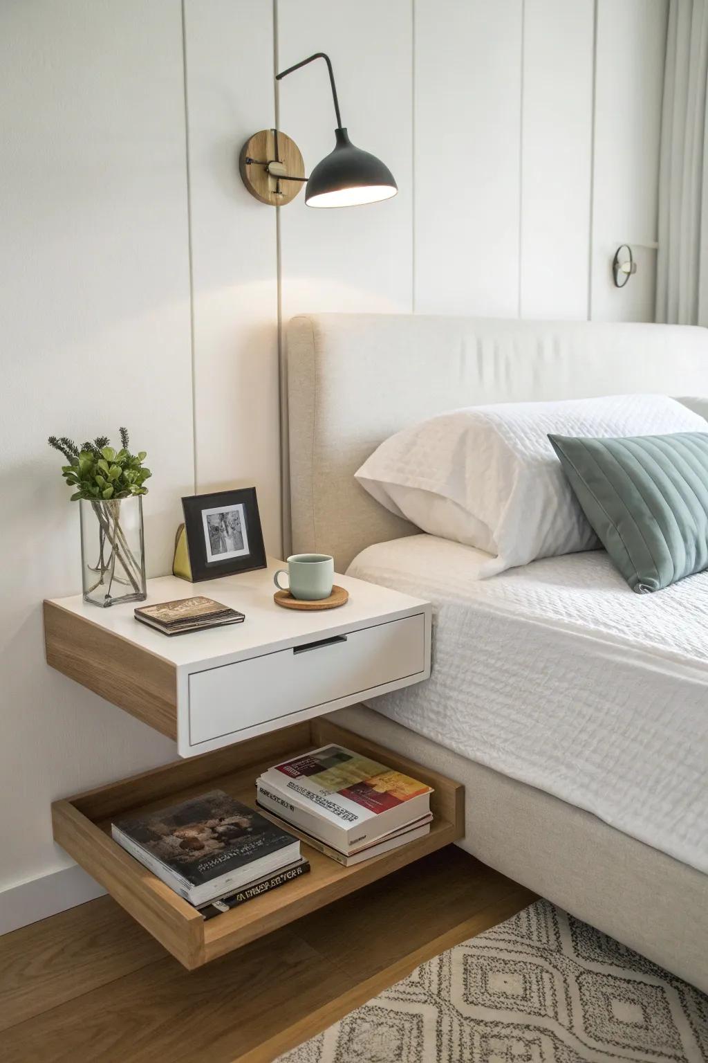 Elevated surfaces serve as a refined substitute for typical nightstands.