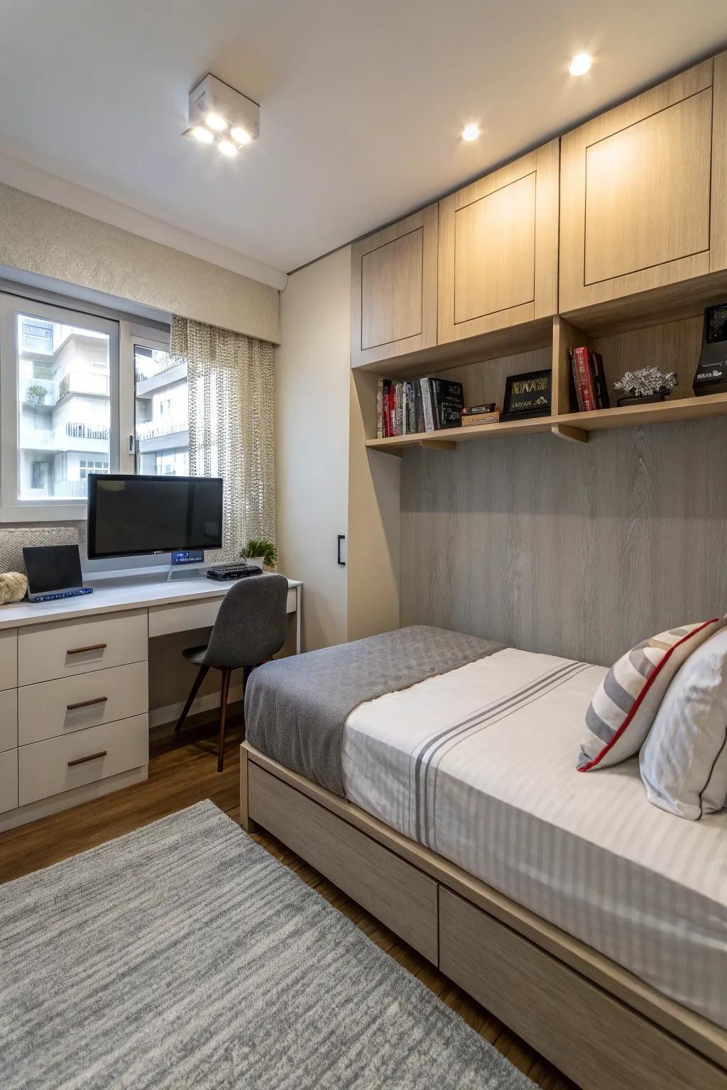 A corner TV arrangement can assist in maximizing space in smaller bedrooms.
