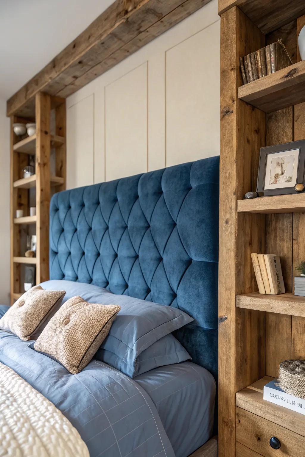 Blend textures such as fabric and timber for a rich, layered bedroom aesthetic.