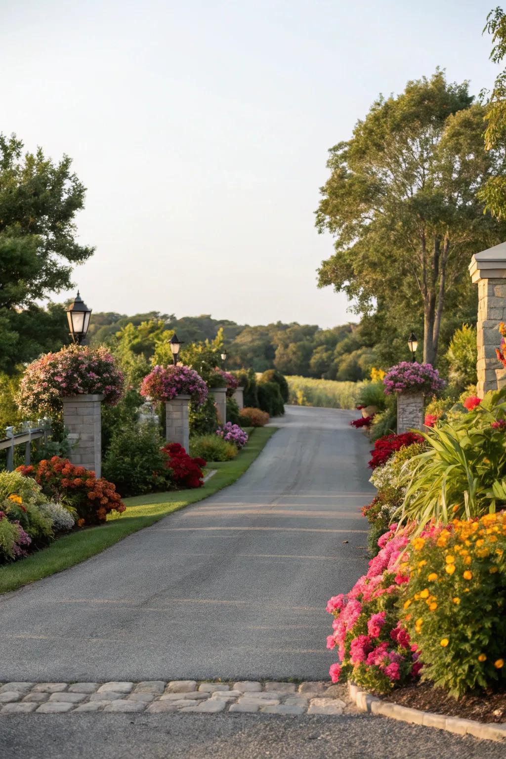 A driveway beautifully edged with colorful plant-based accents for a natural appearance.