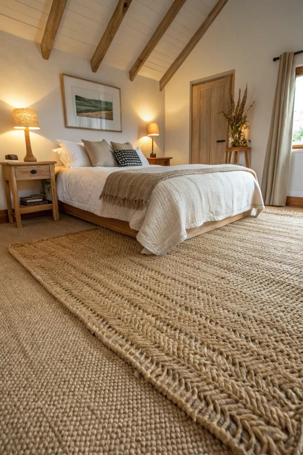 Eco-conscious materials enhance the natural elegance of a beige carpeted bedroom.