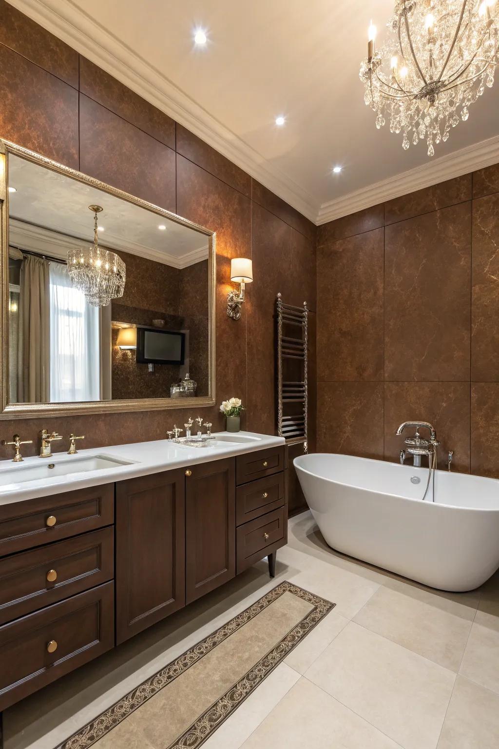 A luxurious spa-like bathroom with deep brown walls.