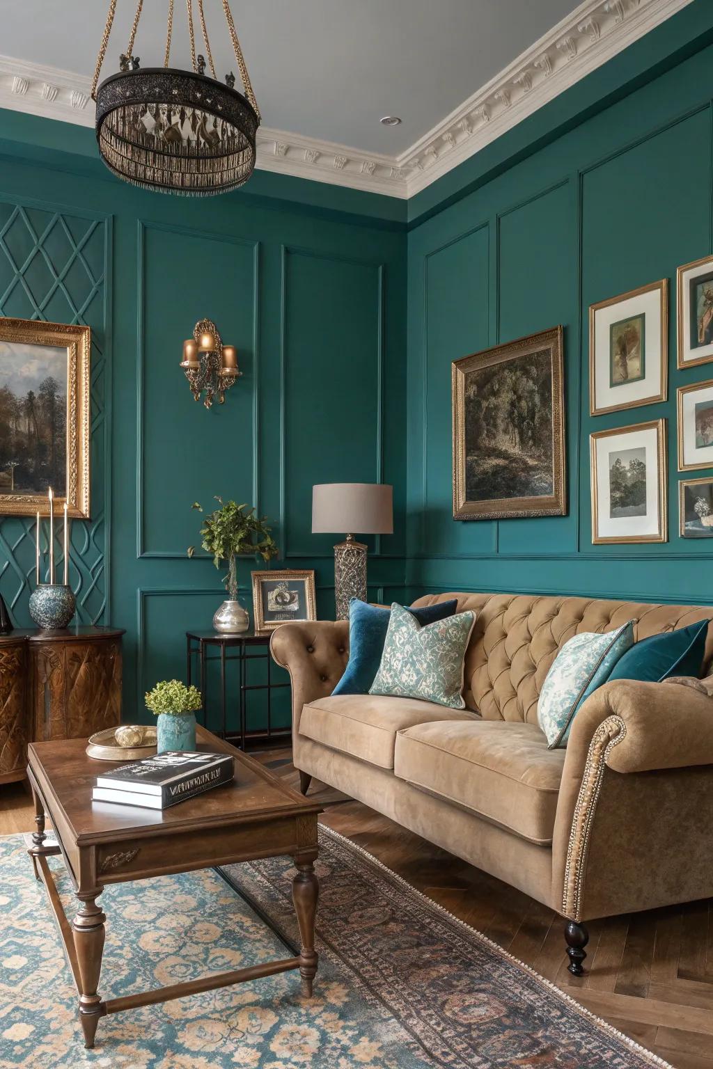 Sea green accents create an atmosphere of luxury