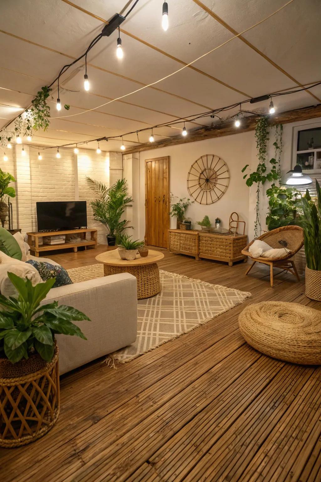 Stick reed flooring delivers sustainable style for basement living.