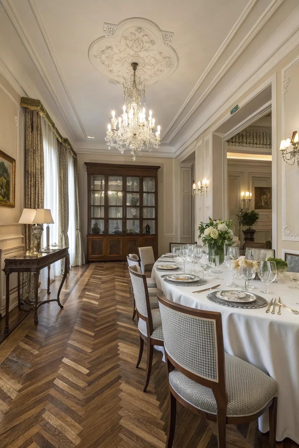 Interwoven timber flooring enhances elegance and style.