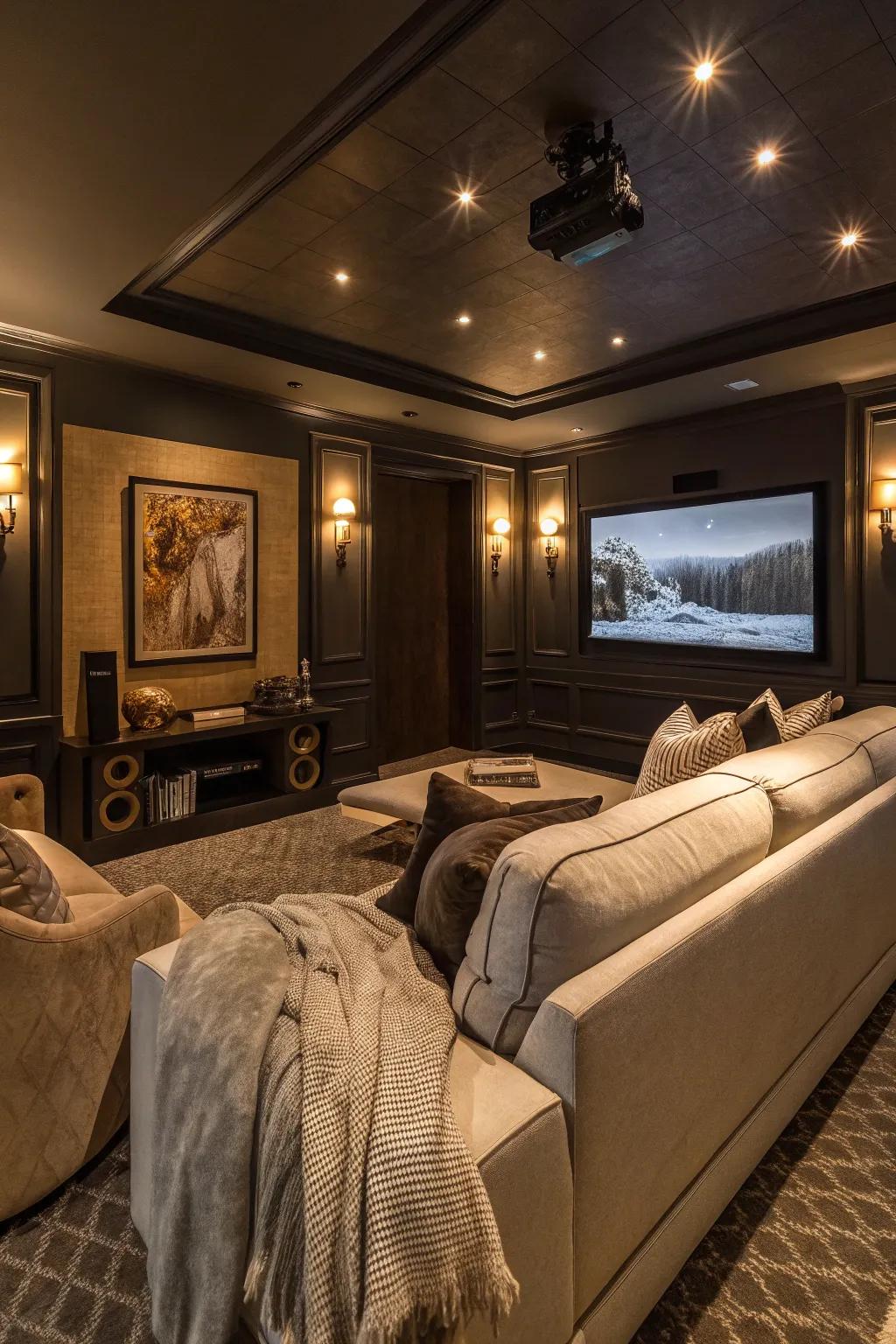 Intimate seating nooks enrich the cozy ambiance of this home cinema.