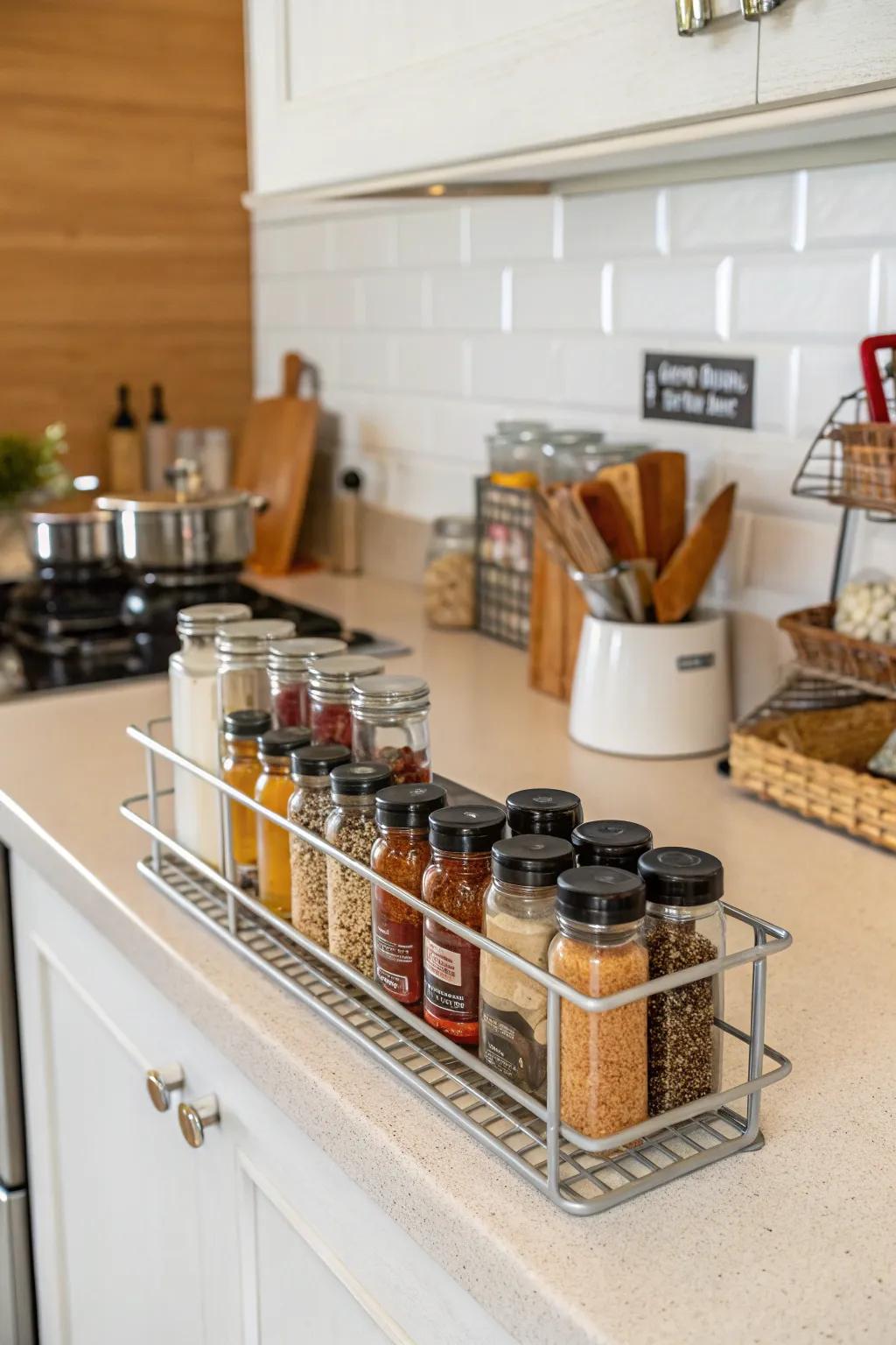 Spice racks made of wire are simple and useful.