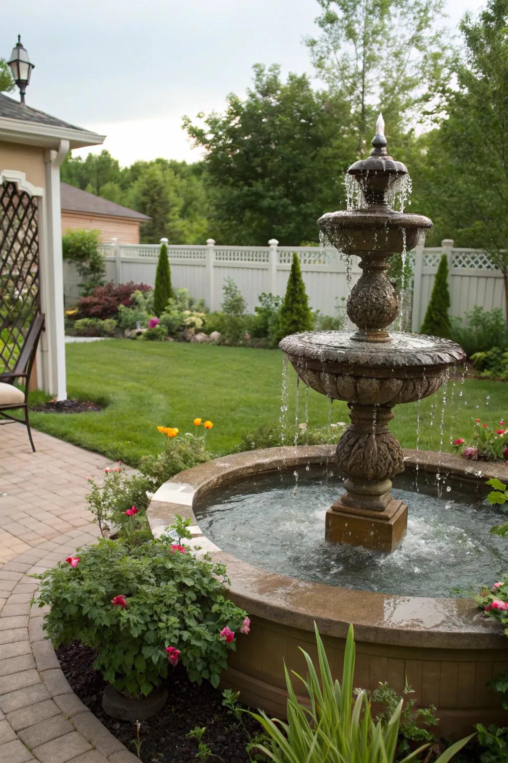 A tranquil water feature adds a calming element to your backyard oasis.