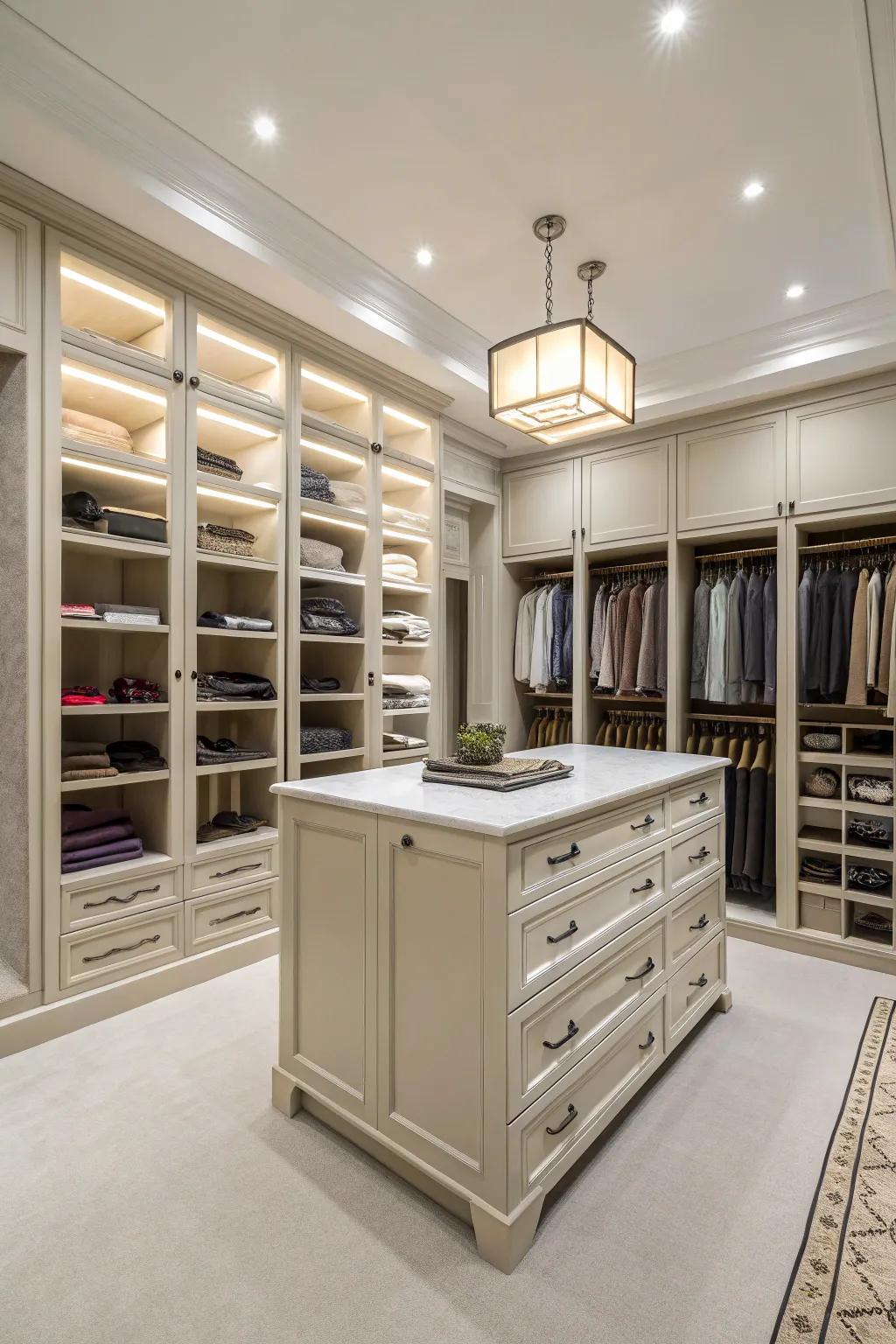 A generous closet featuring a central island for storage and presentation.