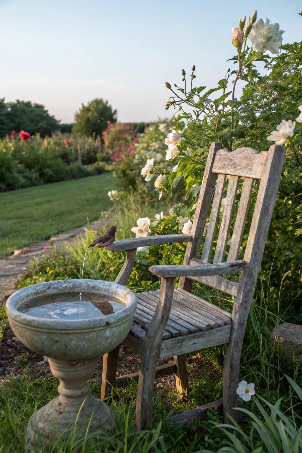 A chair-turned bird bath presenting a distinctive garden charm.