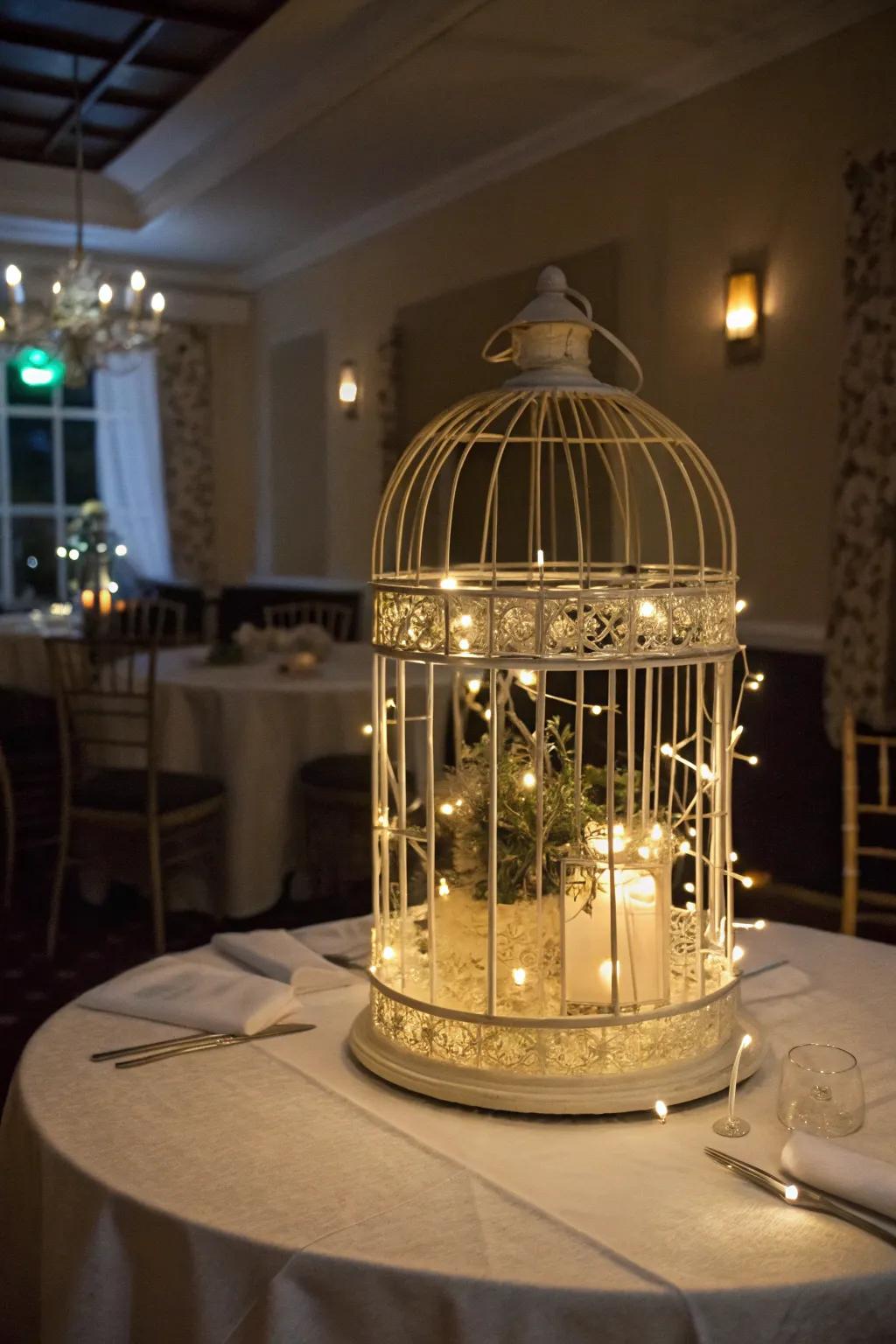 A quirky bird cage centerpiece featuring twinkling fairy lights.