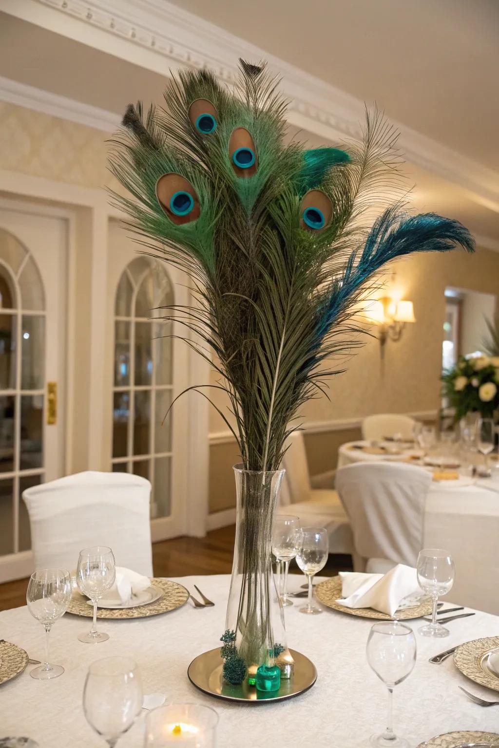 Peacock feathers bring vibrant elegance to a birthday centerpiece.