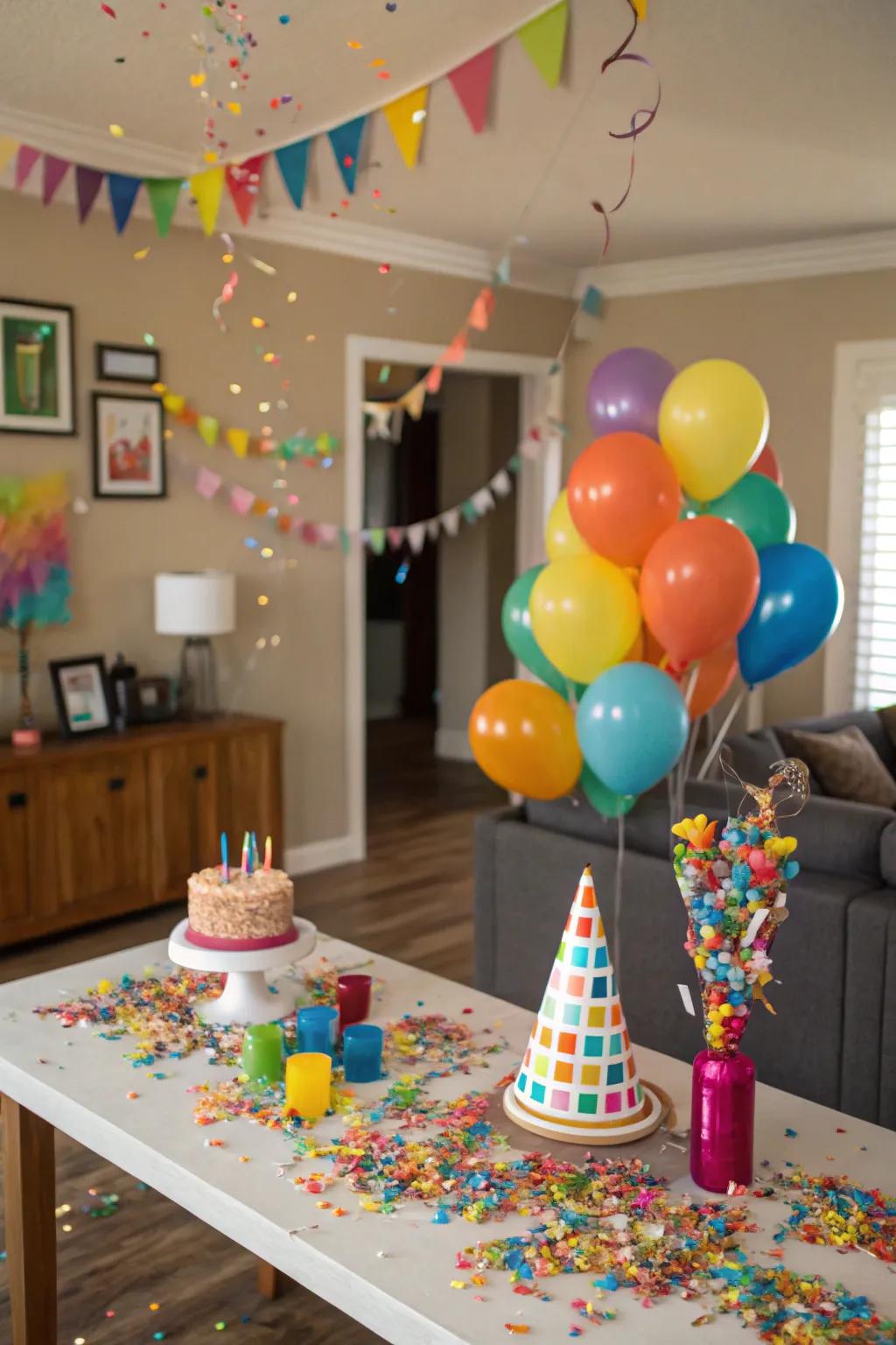 Confetti explosions contribute a burst of hue and exhilaration.