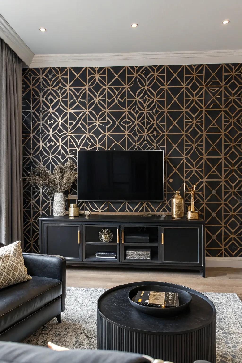 Patterned wall covering appends charm to a dark-toned statement wall.