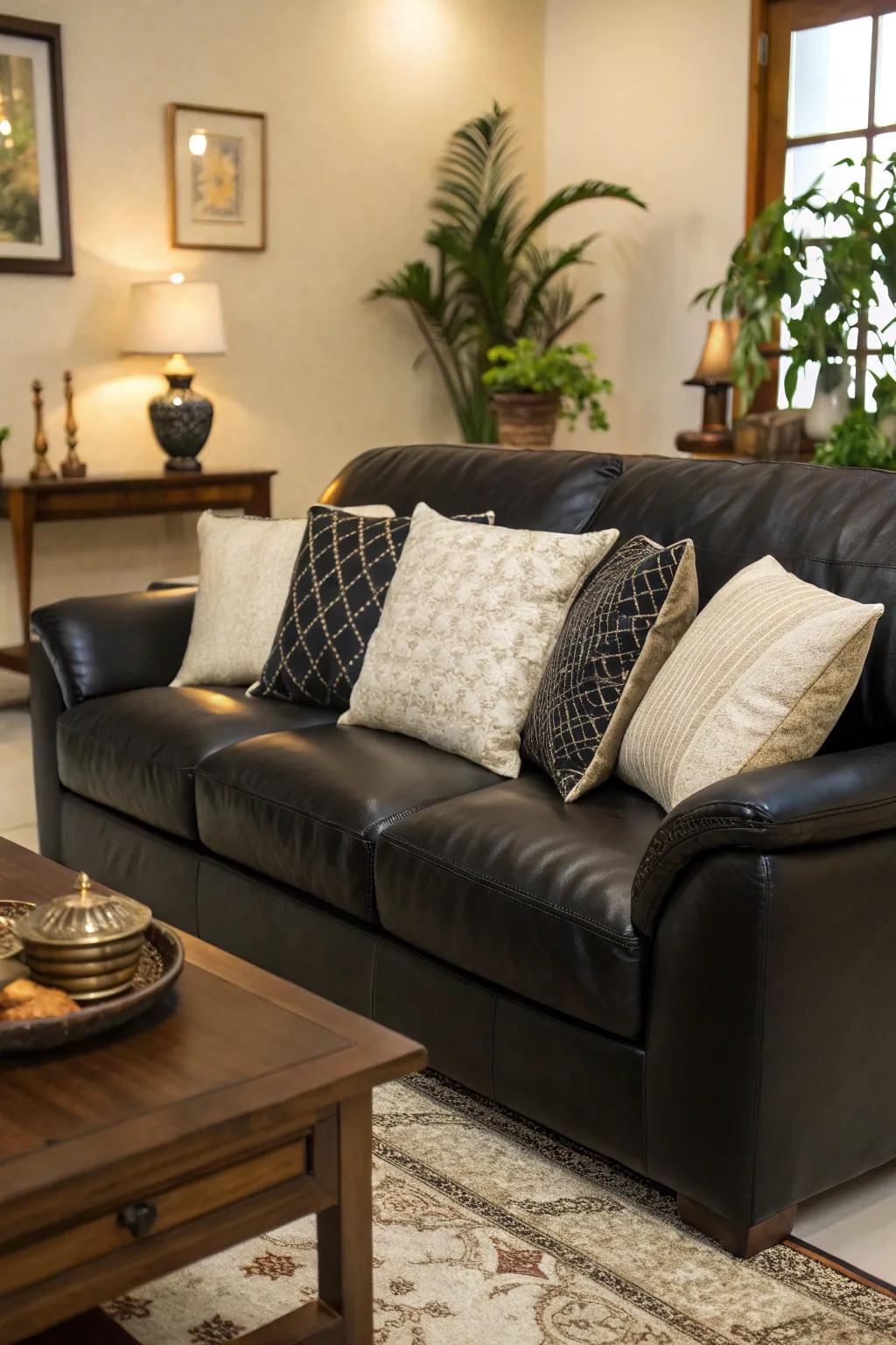 A fusion of leather and silk textures introduces dimension to the ebony and ivory decor.