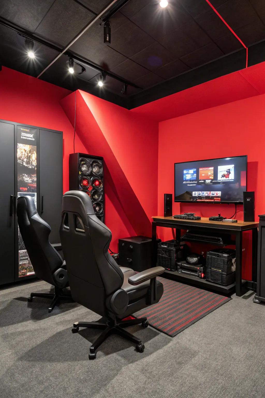 An audacious scarlet accent wall infuses dimension and contrast into a black gaming chamber.