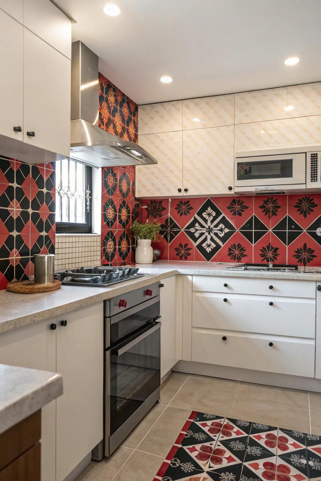Patterned tiling contributes visual intrigue to the ebony and scarlet culinary space.
