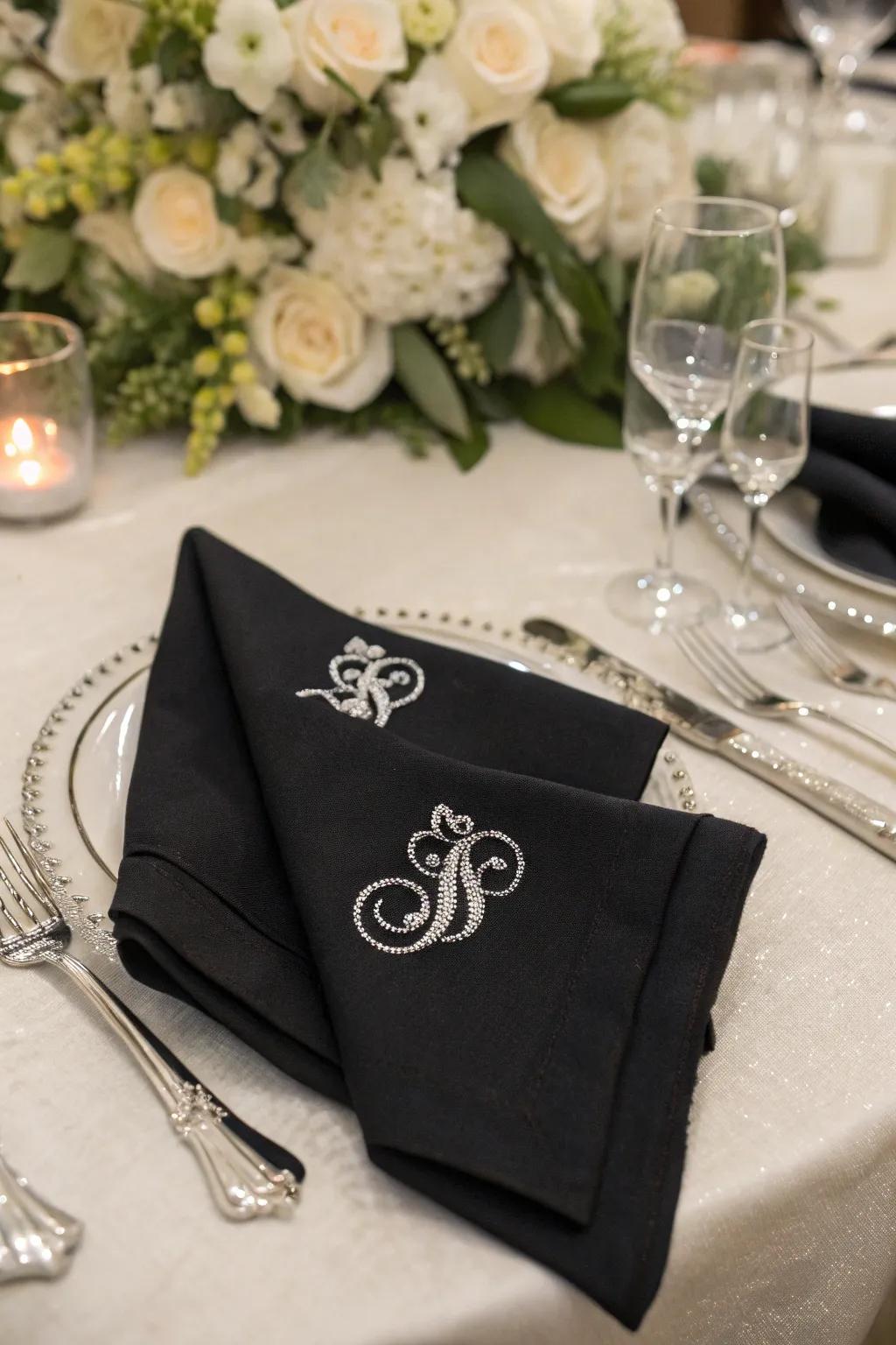 Personalized coal linens accented with shimmer monogram.
