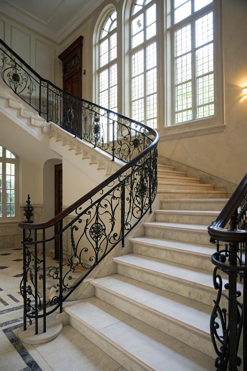 Fashioned metal supports give a vintage elegance to a staircase.