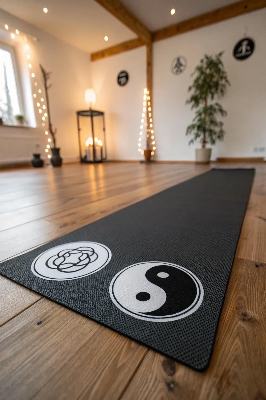 Equilibrium decals enhancing a calming yoga space.