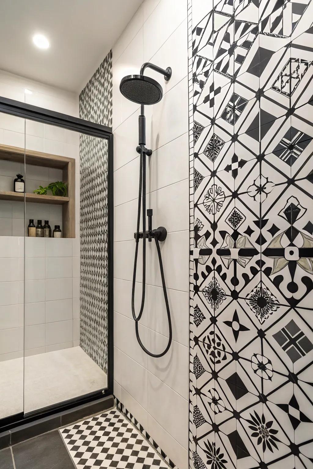 Monochrome decor enriches the tile design.