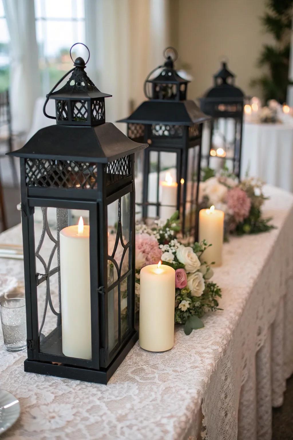 Black lanterns with white candles create a warm, inviting ambiance.