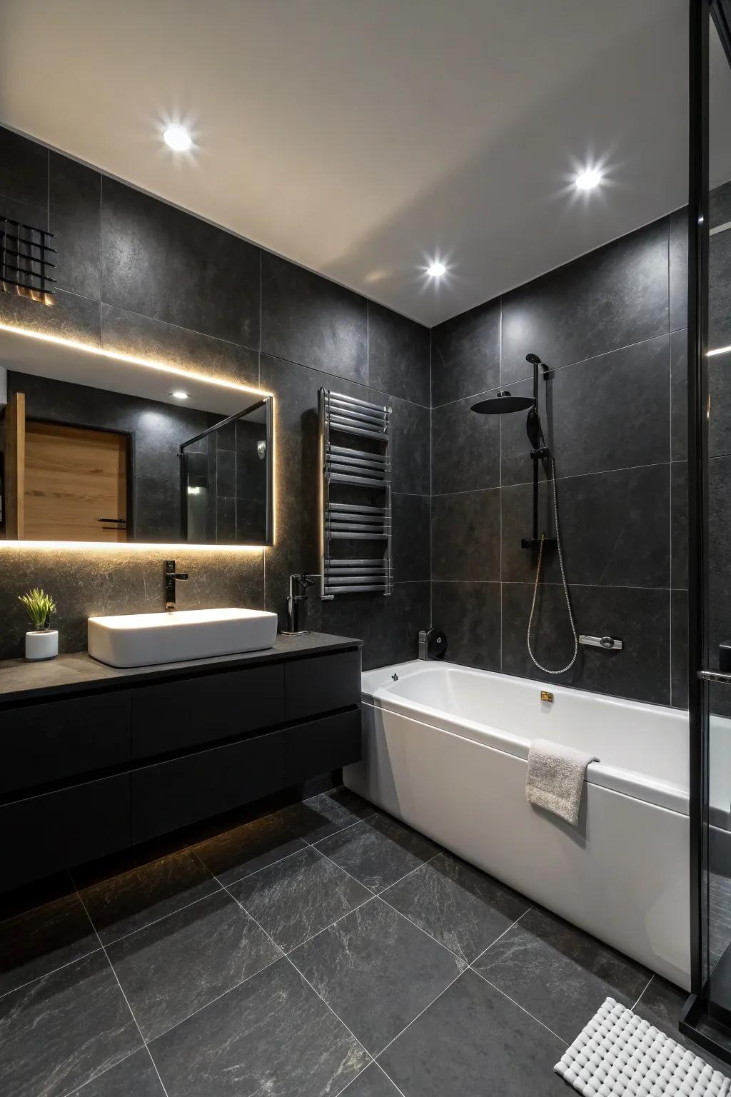Thoughtful lighting enhances the spectacle of an all-black bathroom.
