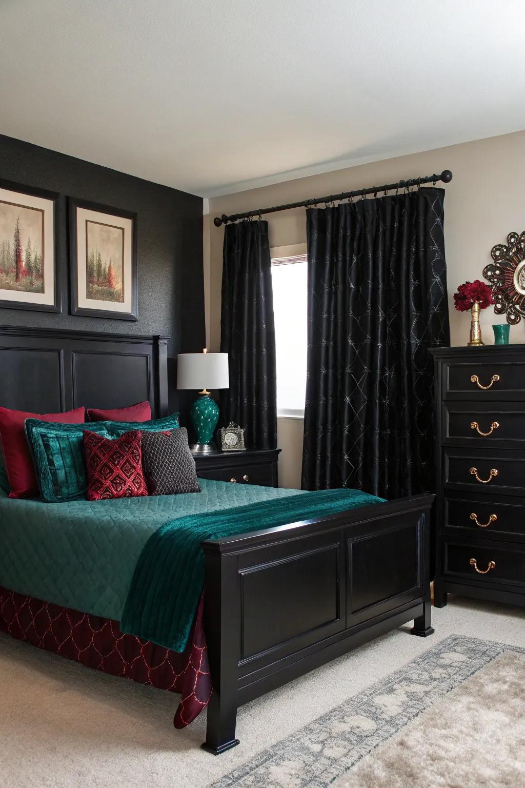 Rich gem-toned accents add a dash of luxury to this bedroom.
