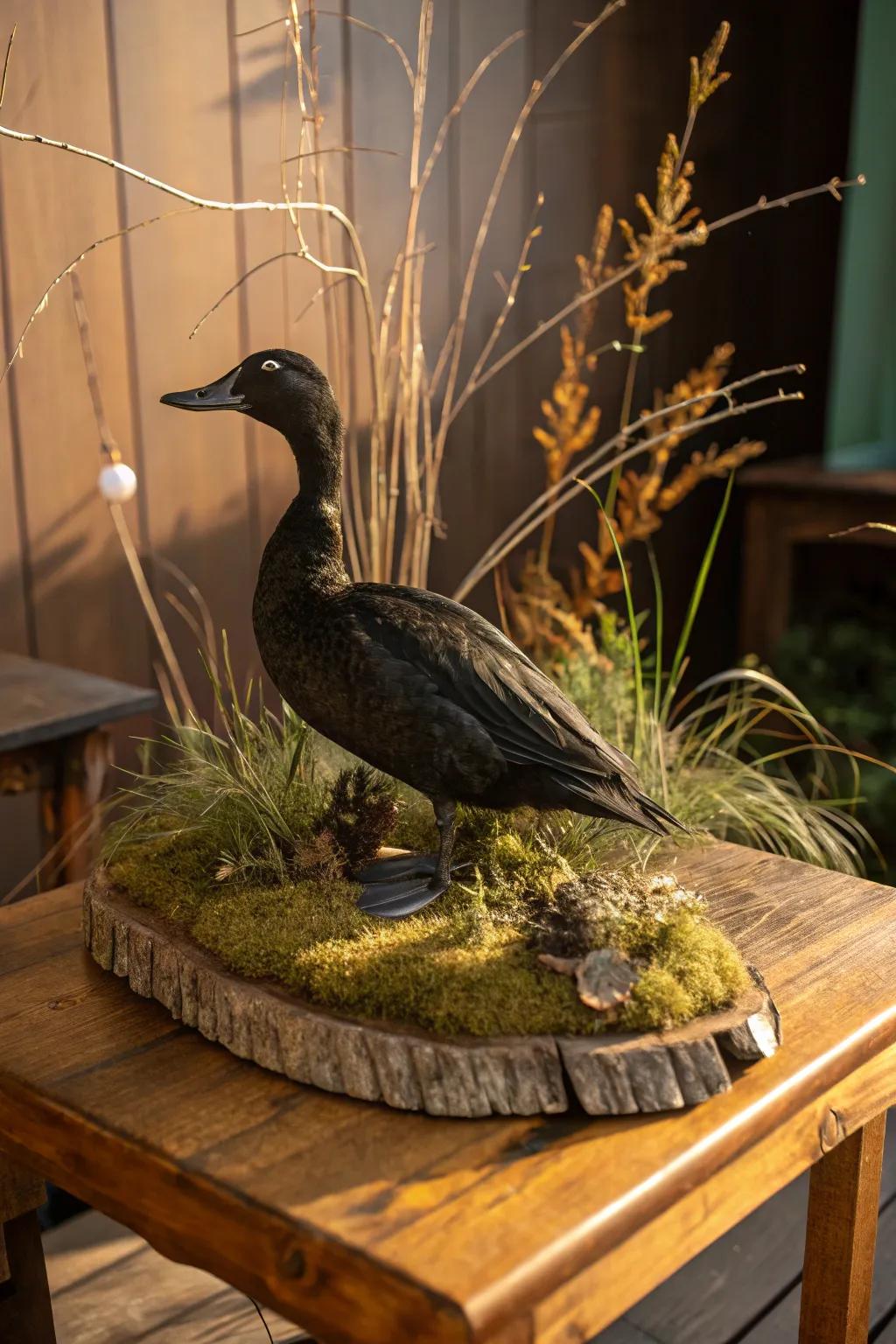 A dusky fowl presentation accentuated with raw elements for authenticity.